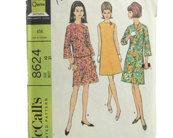 Vintage Size 10 Misses Dress Pattern Bust Size 31 Shift Skirt Top Long Sleeve & Sleeveless McCall's #8624 DIY 3 Versions 1960's Cool JackieO