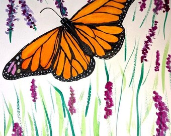 Original Watercolor Painting Monarch Butterfly on Lavender Kentucky Framed 18x22