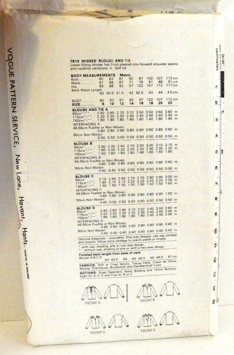 Vintage Vogue Pattern Womens Blouse and Tie Tops 4 Styles Size 12 UK/8 USA Uncut New DIY Sewing from Engand in Metrics image 2