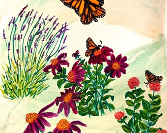Original Watercolor Painting Monarch Waystation Butterfly Kentucky Framed 17x21 Bugs Lavender Cone Flowers