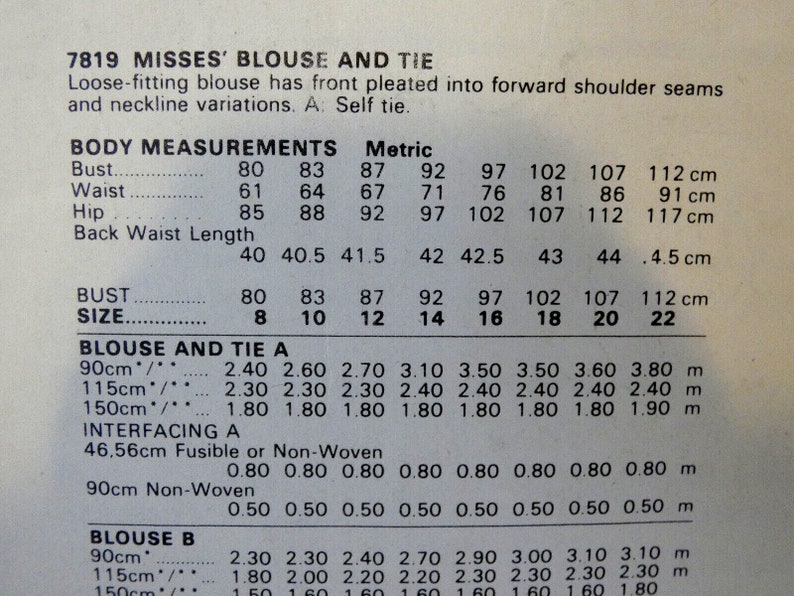 Vintage Vogue Pattern Womens Blouse and Tie Tops 4 Styles Size 12 UK/8 USA Uncut New DIY Sewing from Engand in Metrics image 3