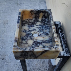 Calacatta Viola marble sink - countertop sink - vanity sink - farmhouse sink - vessel sink - splashback sink - bathroom sink - wall-mounted marble sink - wall-mounted sink - kitchen sink - console pedestal marble sink - cabinet top sink - marble sink with wooden drawers - square sink - marble sink models