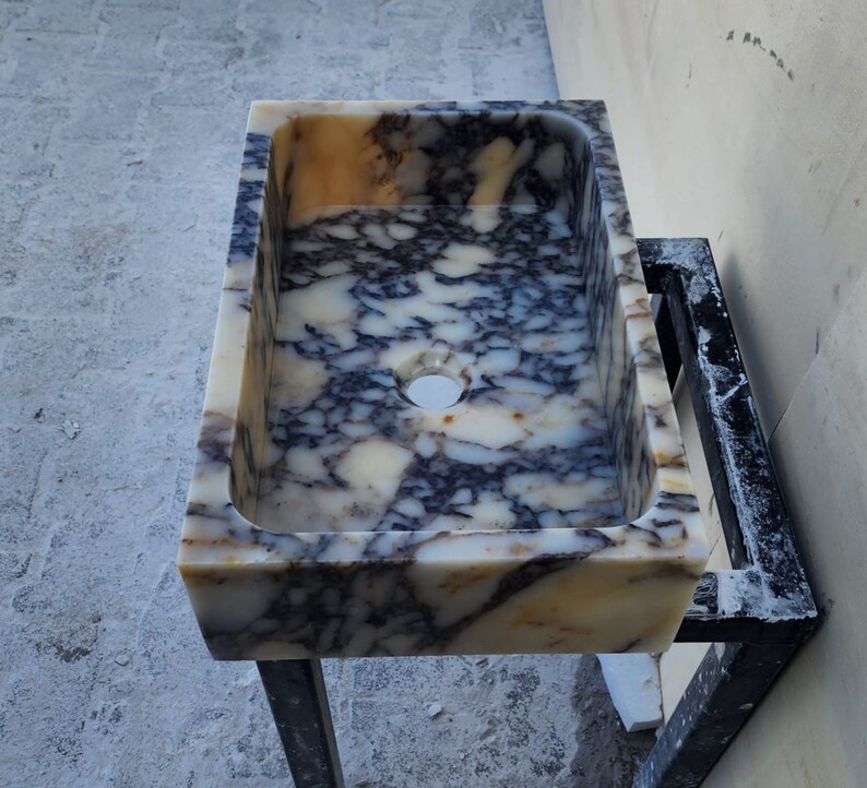Calacatta Viola marble sink - countertop sink - vanity sink - farmhouse sink - vessel sink - splashback sink - bathroom sink - wall-mounted marble sink - wall-mounted sink - kitchen sink - console pedestal marble sink - cabinet top sink - marble sink with wooden drawers - square sink - marble sink models