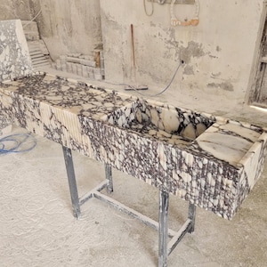 Calacatta Viola marble sink - countertop sink - vanity sink - farmhouse sink - vessel sink - splashback sink - bathroom sink - wall-mounted marble sink - wall-mounted sink - kitchen sink - console pedestal marble sink - cabinet top sink - marble sink with wooden drawers - square sink - marble sink models