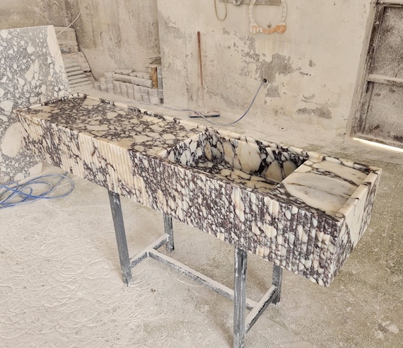 Calacatta Viola Marble Sink Monolithic Floating Vanity With Metal Stand Hand Carved Artisan Bath