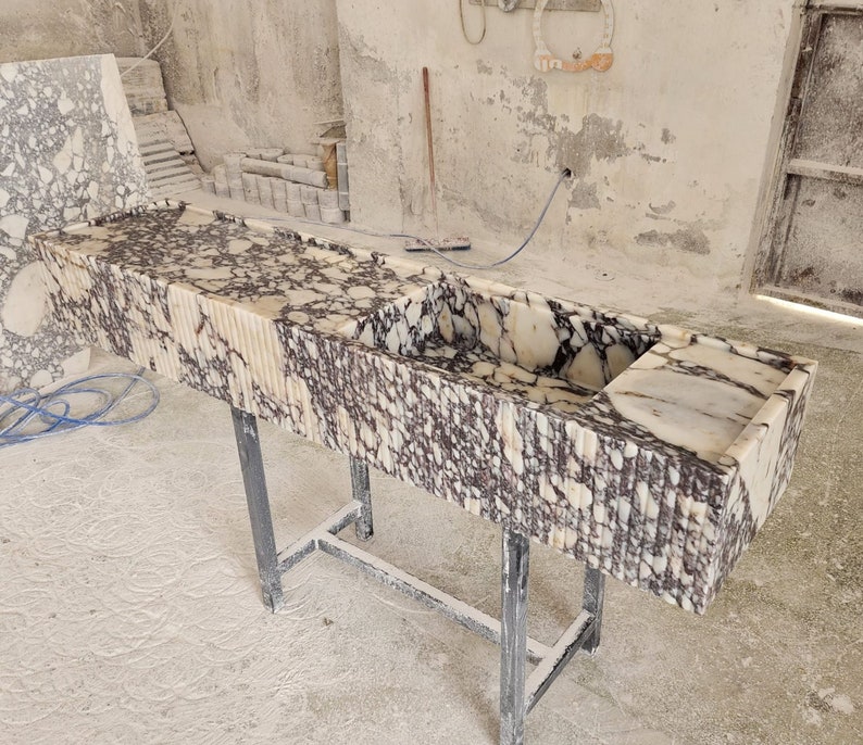 Calacatta Viola marble sink - countertop sink - vanity sink - farmhouse sink - vessel sink - splashback sink - bathroom sink - wall-mounted marble sink - wall-mounted sink - kitchen sink - console pedestal marble sink - cabinet top sink - marble sink with wooden drawers - square sink - marble sink models