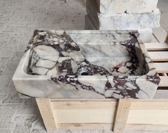 Calacatta Viola Marble Sink, Small Wall Mount Floating Vanity, Handcrafted Natural Stone Basin