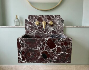 Rosso Levanto Marble Sink, Powder Room Vanity Sink, Hand Carved Sinks, Wall Mount Basin