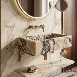 Luxury Calacatta Marble Bathroom Sink, Wall Mounted Rectangular Washbasin, Unique Natural Stone Vanity Basin image 1