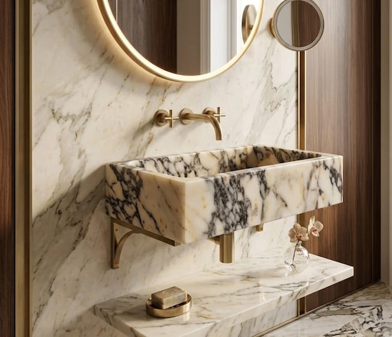 Luxury Calacatta Marble Bathroom Sink, Wall Mounted Rectangular Washbasin, Unique Natural Stone Vanity Basin