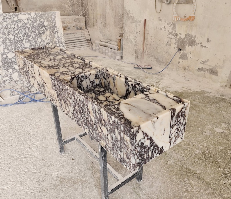 Calacatta Viola marble sink - countertop sink - vanity sink - farmhouse sink - vessel sink - splashback sink - bathroom sink - wall-mounted marble sink - wall-mounted sink - kitchen sink - console pedestal marble sink - cabinet top sink - marble sink with wooden drawers - square sink - marble sink models