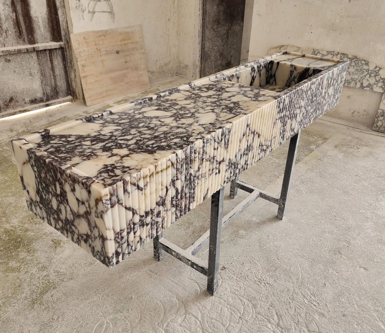 Calacatta Viola marble sink - countertop sink - vanity sink - farmhouse sink - vessel sink - splashback sink - bathroom sink - wall-mounted marble sink - wall-mounted sink - kitchen sink - console pedestal marble sink - cabinet top sink - marble sink with wooden drawers - square sink - marble sink models