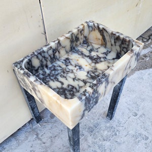 Calacatta Viola marble sink - countertop sink - vanity sink - farmhouse sink - vessel sink - splashback sink - bathroom sink - wall-mounted marble sink - wall-mounted sink - kitchen sink - console pedestal marble sink - cabinet top sink - marble sink with wooden drawers - square sink - marble sink models