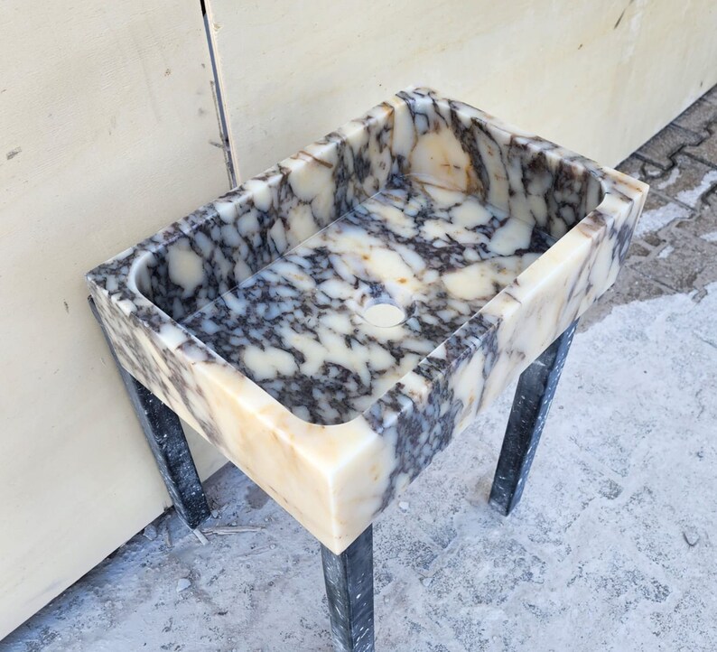 Calacatta Viola marble sink - countertop sink - vanity sink - farmhouse sink - vessel sink - splashback sink - bathroom sink - wall-mounted marble sink - wall-mounted sink - kitchen sink - console pedestal marble sink - cabinet top sink - marble sink with wooden drawers - square sink - marble sink models