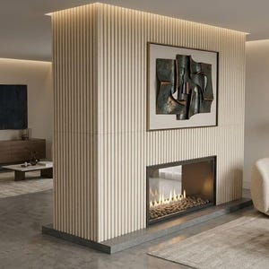 May include: A contemporary fireplace set within a vertical, wood-panelled structure. The fireplace has a rectangular glass-fronted opening, displaying a flame effect and pebbles. Above, a framed abstract metal sculpture adds a modern touch.
