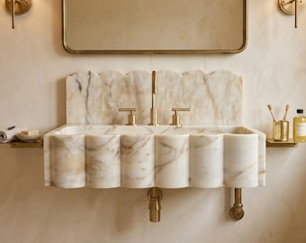 Scalloped Marble Wall Mount Sink, Natural Stone Vanity With Backsplash, Unique Hand Carved Basin