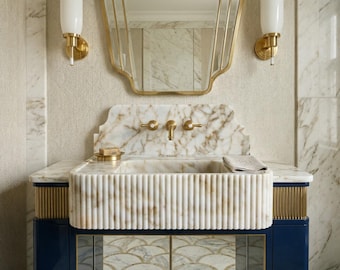 Calacatta Gold Marble Sink, Custom Farmhouse Bathroom Washbasin, Polished Natural Stone, Vanity Sink
