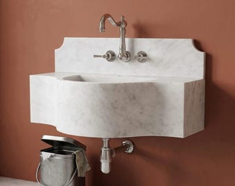 Modern Wall Mount Carrara White Marble Bathroom Sink, Curved Vanity Basin with High Backsplash
