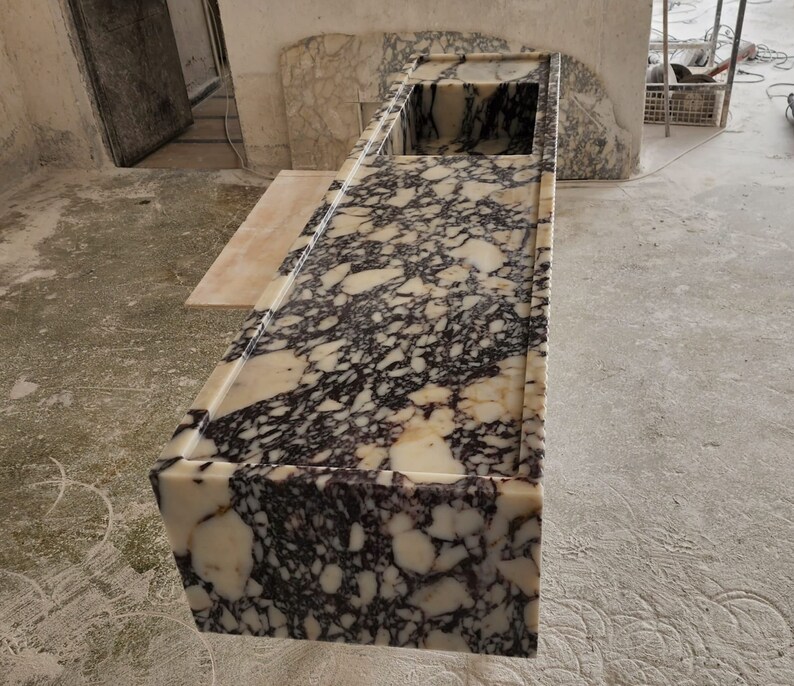 Calacatta Viola marble sink - countertop sink - vanity sink - farmhouse sink - vessel sink - splashback sink - bathroom sink - wall-mounted marble sink - wall-mounted sink - kitchen sink - console pedestal marble sink - cabinet top sink - marble sink with wooden drawers - square sink - marble sink models