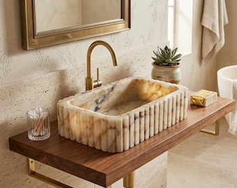 Luxury Calacatta Gold Marble Sink, Rectangular Ribbed Vessel Basin, Natural Stone Bathroom Vanity Decor