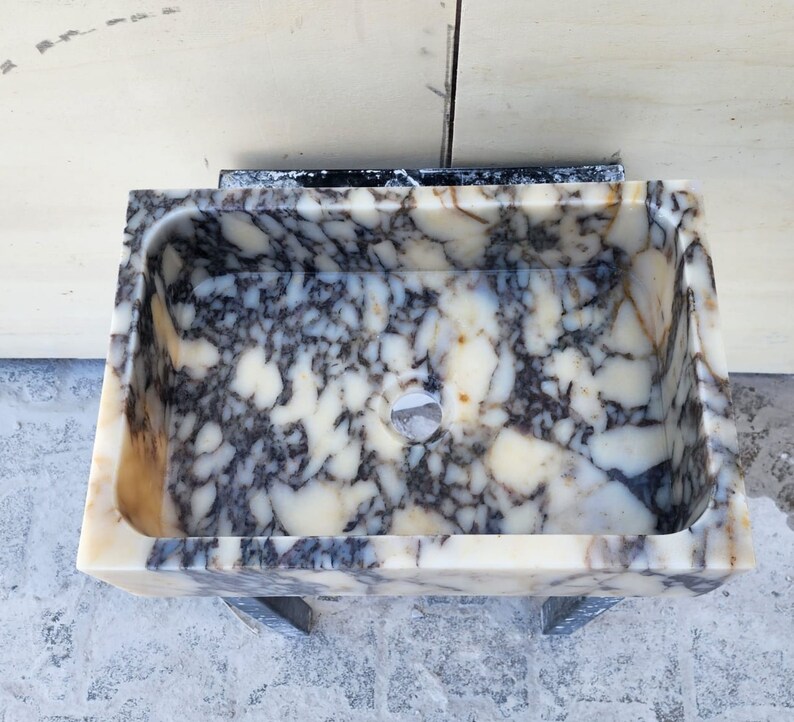 Calacatta Viola marble sink - countertop sink - vanity sink - farmhouse sink - vessel sink - splashback sink - bathroom sink - wall-mounted marble sink - wall-mounted sink - kitchen sink - console pedestal marble sink - cabinet top sink - marble sink with wooden drawers - square sink - marble sink models