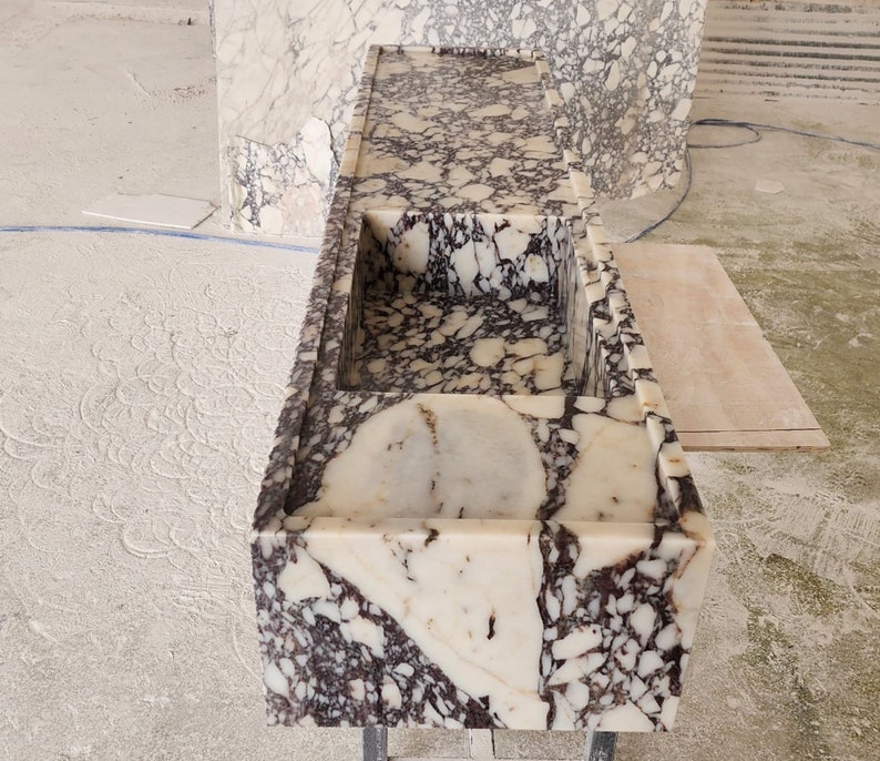 Calacatta Viola marble sink - countertop sink - vanity sink - farmhouse sink - vessel sink - splashback sink - bathroom sink - wall-mounted marble sink - wall-mounted sink - kitchen sink - console pedestal marble sink - cabinet top sink - marble sink with wooden drawers - square sink - marble sink models