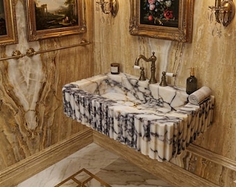Luxury Handcrafted Calacatta Viola Marble Wall Mounted Fluted Sink Unique Natural Stone Bathroom Vanity