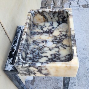 Calacatta Viola marble sink - countertop sink - vanity sink - farmhouse sink - vessel sink - splashback sink - bathroom sink - wall-mounted marble sink - wall-mounted sink - kitchen sink - console pedestal marble sink - cabinet top sink - marble sink with wooden drawers - square sink - marble sink models