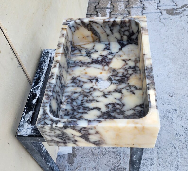 Calacatta Viola marble sink - countertop sink - vanity sink - farmhouse sink - vessel sink - splashback sink - bathroom sink - wall-mounted marble sink - wall-mounted sink - kitchen sink - console pedestal marble sink - cabinet top sink - marble sink with wooden drawers - square sink - marble sink models