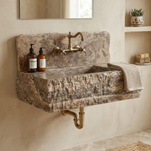 Puede incluir: Un lavabo de baño rústico con un protector contra salpicaduras incorporado. El lavabo tiene una cubeta rectangular y está montado en la pared. Se ven un grifo y tuberías de latón. Dos botellas de jabón marrones están en el borde del lavabo y una toalla doblada descansa a un lado.