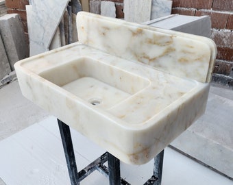 Calacatta Gold Marble Sink, Hand Carved Natural Stone Basin, Vanity Top Sink, Wall-Mount Sinks