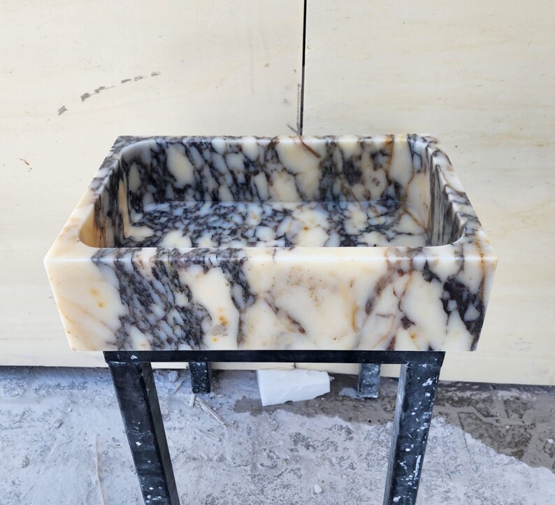 Calacatta Viola marble sink - countertop sink - vanity sink - farmhouse sink - vessel sink - splashback sink - bathroom sink - wall-mounted marble sink - wall-mounted sink - kitchen sink - console pedestal marble sink - cabinet top sink - marble sink with wooden drawers - square sink - marble sink models