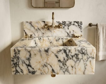 Luxe Calacatta-altvioolmarmeren wastafel aan de muur, handgesneden zwevende badkamer wastafel met marmeren wastafel