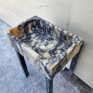 Calacatta Viola marble sink - countertop sink - vanity sink - farmhouse sink - vessel sink - splashback sink - bathroom sink - wall-mounted marble sink - wall-mounted sink - kitchen sink - console pedestal marble sink - cabinet top sink - marble sink with wooden drawers - square sink - marble sink models