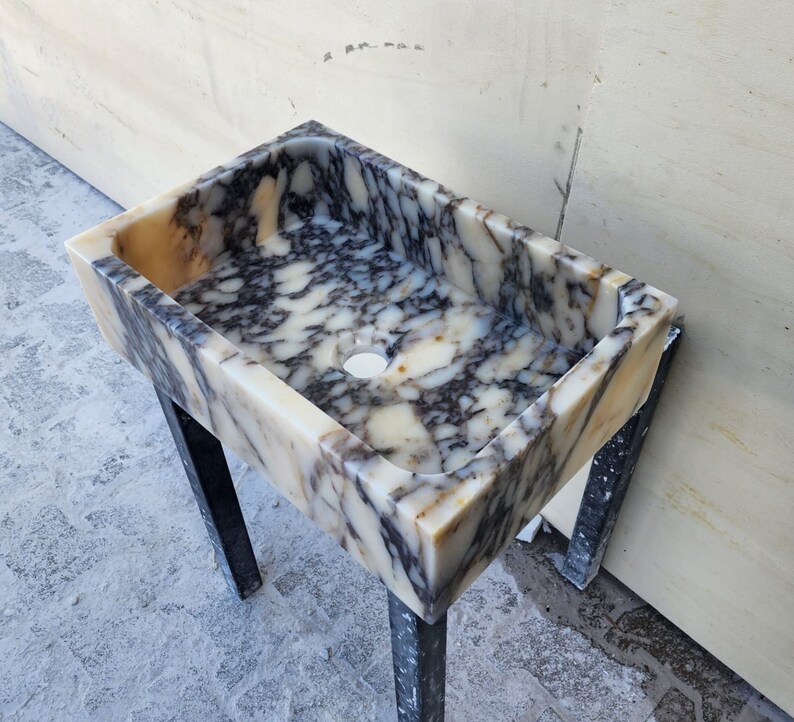 Calacatta Viola marble sink - countertop sink - vanity sink - farmhouse sink - vessel sink - splashback sink - bathroom sink - wall-mounted marble sink - wall-mounted sink - kitchen sink - console pedestal marble sink - cabinet top sink - marble sink with wooden drawers - square sink - marble sink models