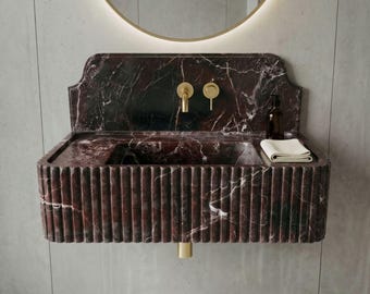 Rosso Levanto Marble Sink, Bathroom Sink, Grooved Edge, Custom Design, Vanity Basin