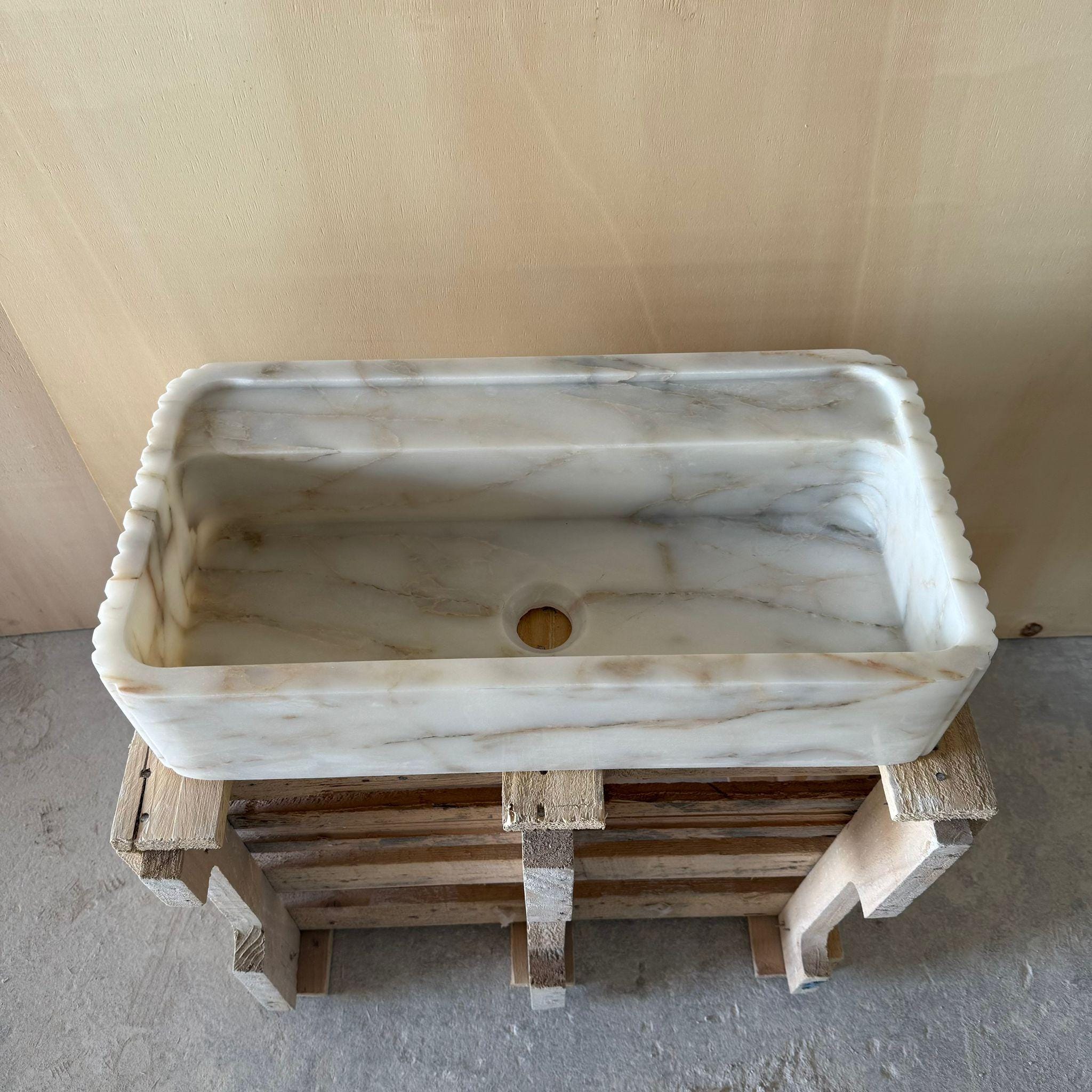 Ready to ship! Calacatta Gold Slices Sides, Flat Front Marble Sink, Wall Mounted Sink, Powder Room Sink, Small Marble Sink