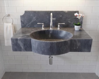 Gray Marble Sink. Wall Mount Sink, Natural Stone Bathroom Vanity, Integrated Basin