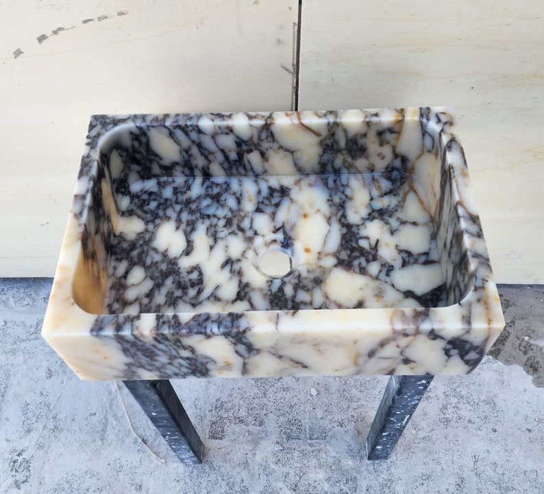 Calacatta Viola marble sink - countertop sink - vanity sink - farmhouse sink - vessel sink - splashback sink - bathroom sink - wall-mounted marble sink - wall-mounted sink - kitchen sink - console pedestal marble sink - cabinet top sink - marble sink with wooden drawers - square sink - marble sink models