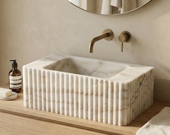 Calacatta Gold Marble Sink, Wall Mounted Vanity Sinks, Bathroom Stone Sink, Fluted Basin