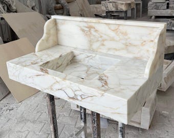 Calacatta Gold Marble Sink | Custom Farmhouse Bathroom Washbasin, Polished Natural Stone, Vanity Sink | Basin