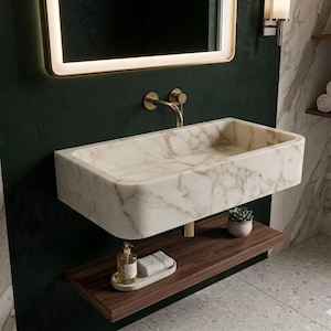 Calacatta Goldmarmor Waschbecken, an der Wand befestigtes Badezimmer-Becken, Pulverraum-Waschbecken, schwimmende Eitelkeit
