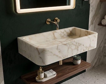 Calacatta Gold Marble Sink, Wall Mounted Bathroom Basin, Powder Room Sink, Floating Vanity