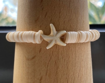 Starfish Beige Sand Bracelet | Heishi Starfish Bead Bracelet | Beige White Bracelet | Gifts for Her | Stretchy Bracelet |