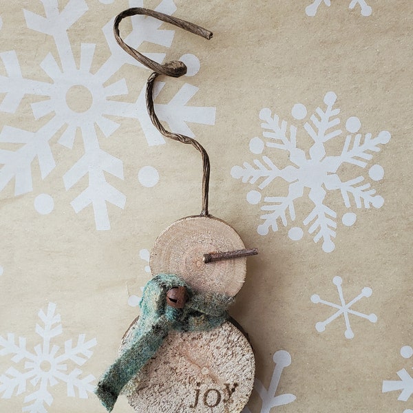 christmas cheer...woodland rustic snowman ornament...jOy