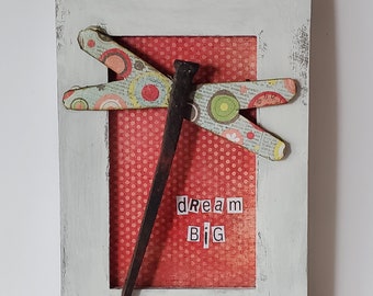 funstuff...framed mixed media dragonfly collage...dream big