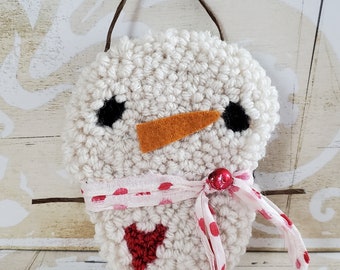 snowman... punch needle...ornament hanger with pinkish red and white polka dot scarf