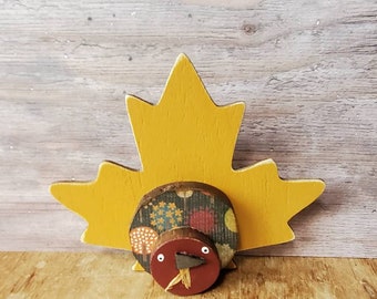 autumn...mixed media assemblage...whimsical maple leaf turkey...happy thanksgiving...golden maple leaf