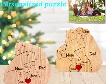 Personalized Bear Family Names Puzzle (2-9Names), Engraved Keepsake Home Decor,Gifts for Mom/Dad, Mother's / Father's Day Gift