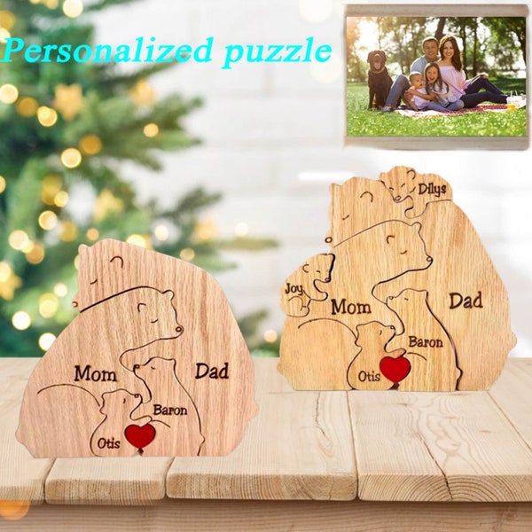 Personalized Bear Family Names Puzzle (2-9Names), Engraved Keepsake Home Decor,Gifts for Mom/Dad, Mother's / Father's Day Gift